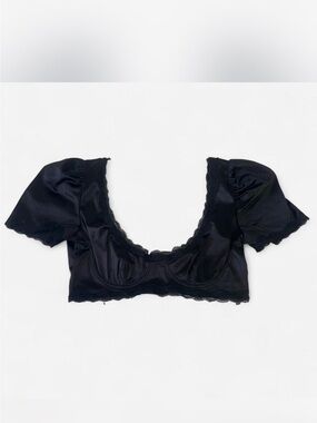Princess Polly Black Satin Puff Sleeve Crop Top